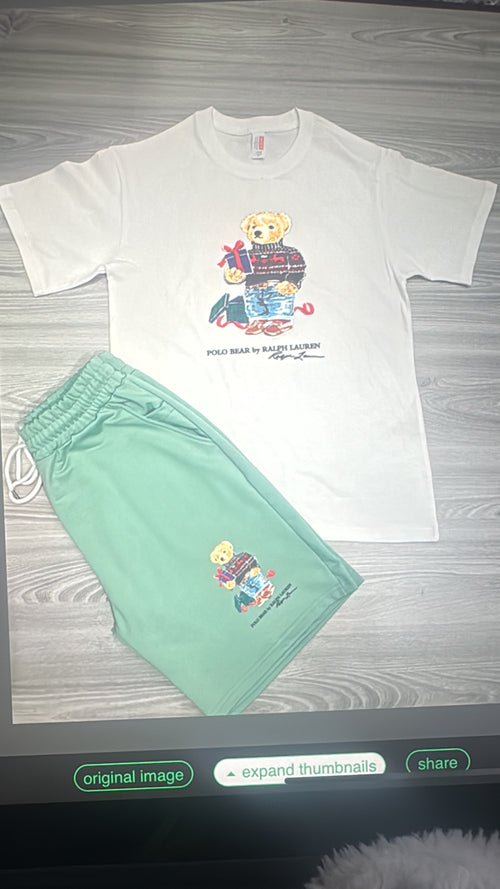White bear graphic T-shirt and green shorts set